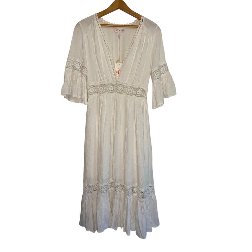 NWT L'Atiste White Midi Dress Med‎ Lace Crochet Boho Bridal Cottagecore V Neck